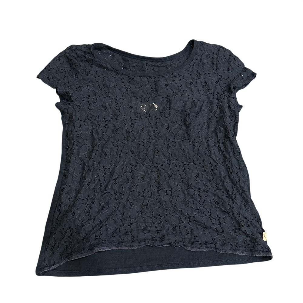 Hollister 2000  Womens XS Navy Floral Lace Overlay Short Sleeve Scoop Neck Top